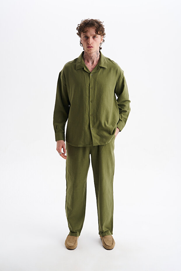 Men's Koton Linen Blended Long Sleeve Apaj Collar Shirt, Elastic Waist Pants Set