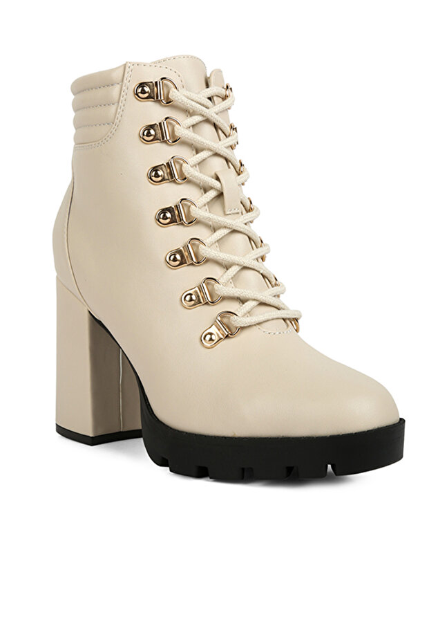 Women Beige Lace Up Block Heel Boots