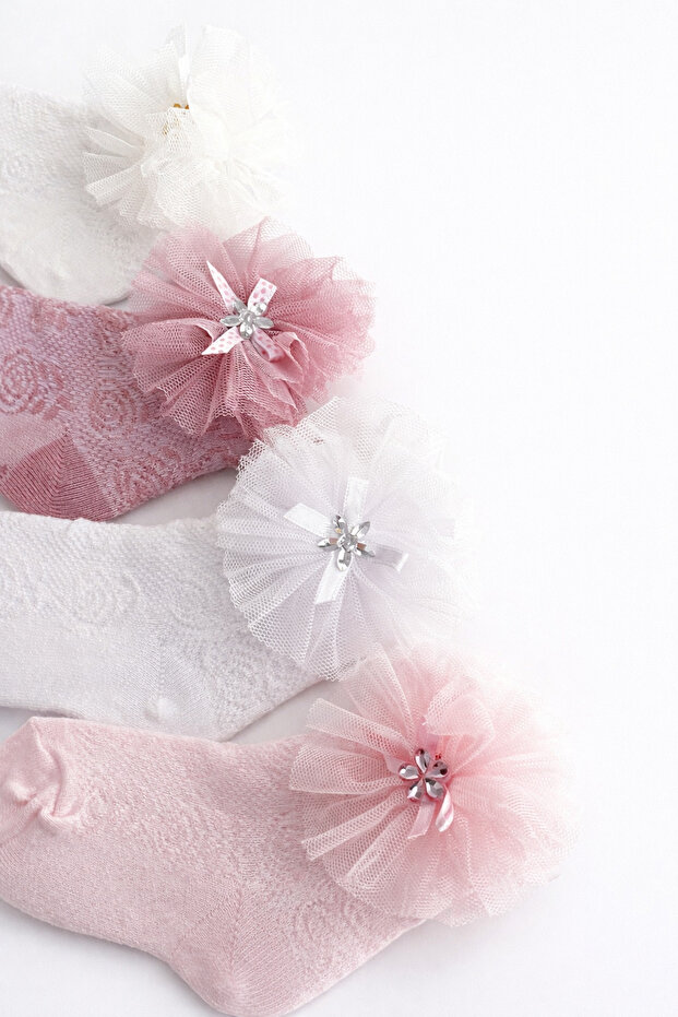 4-Piece Girls' Socks Set, Tulle Washable, Perfumed, Cotton Soft Design Pieces