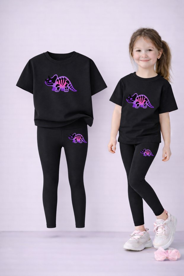 Girl's Set T-Shirt and Stretchy Leggings Set 100% Cotton Little Dinosaur Print – Comfortable Sports Combination