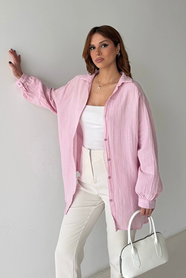 Kadın Oversize Balon Kol Basic Müslin Gömlek - 6