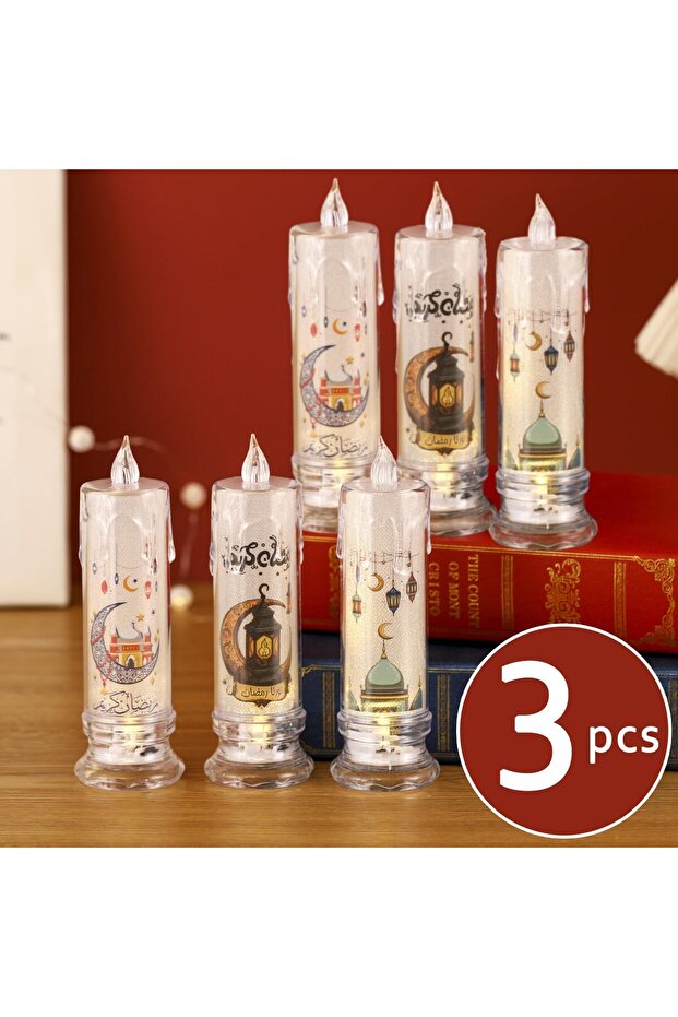 3 شموع LED بدون لهب لعيد مبارك، زينة رمضانية، إضاءة ليلية