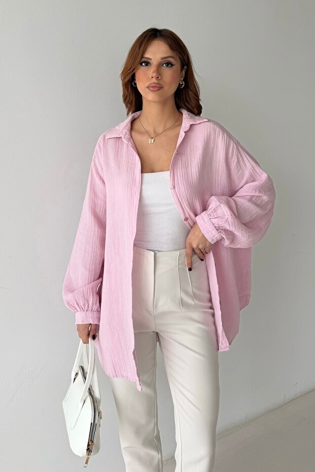 Kadın Oversize Balon Kol Basic Müslin Gömlek - 2