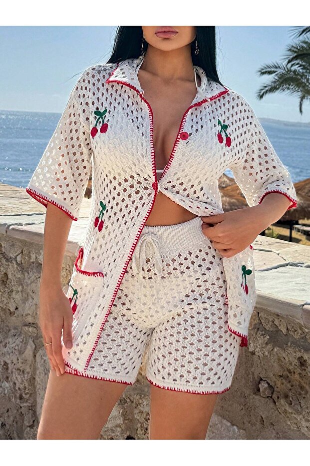 Cherry Embroidered P Cotton U Beach Set - 4