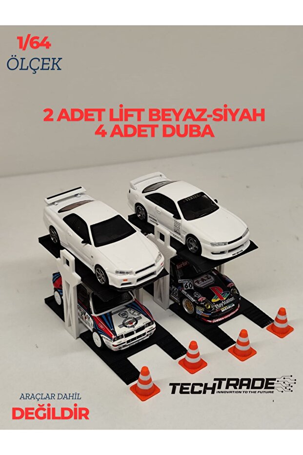 ديوراما بمقياس 1/64 لسيارتين مع رافعة 2 قطعة أبيض-أسود + 4 قطع عوارض