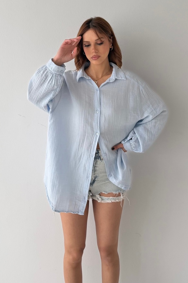 Kadın Oversize Balon Kol Basic Müslin Gömlek - 1