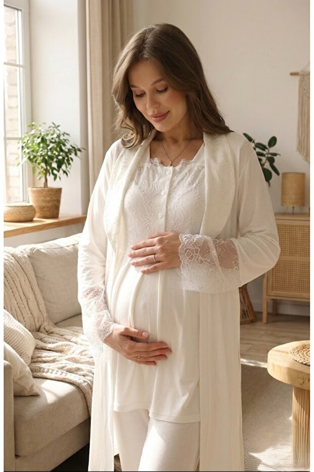 New Season Ecru Shawl Collar Summer Elegant Lace Piece 100% Cotton Maternity Pajama Set