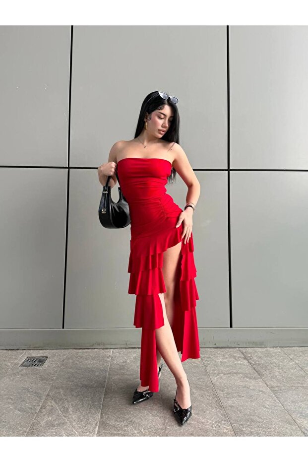 Women's Strapless Layered Ruffle Slit Sandy Dress with Chest Glop