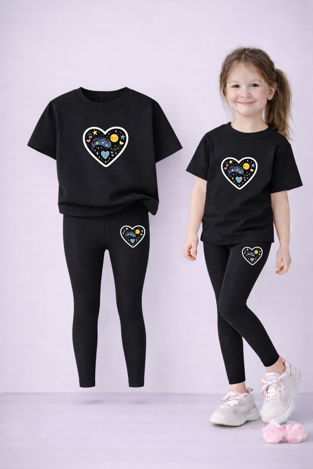 Girl's Set T-Shirt and Stretchy Leggings Set 100% Cotton Black Heart Print – Comfortable Sports Combination