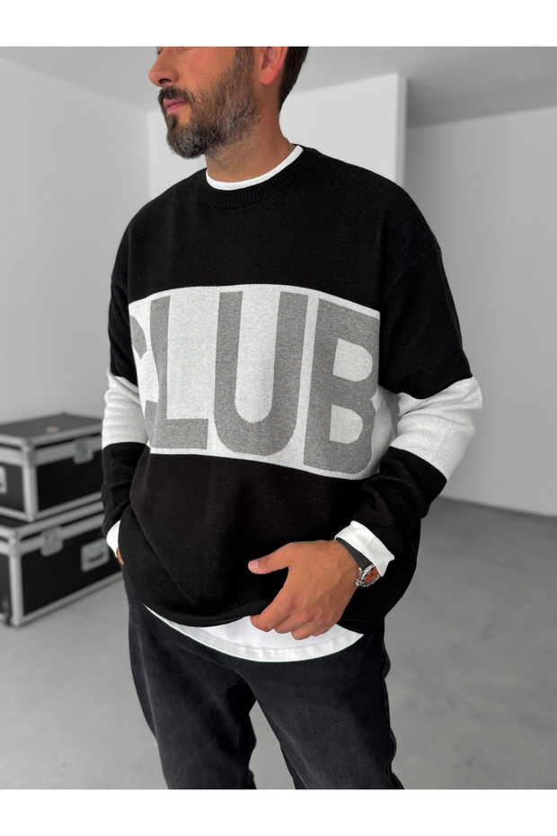 Siyah Club Nakışlı Triko Sweatshirt PM-03 - 5
