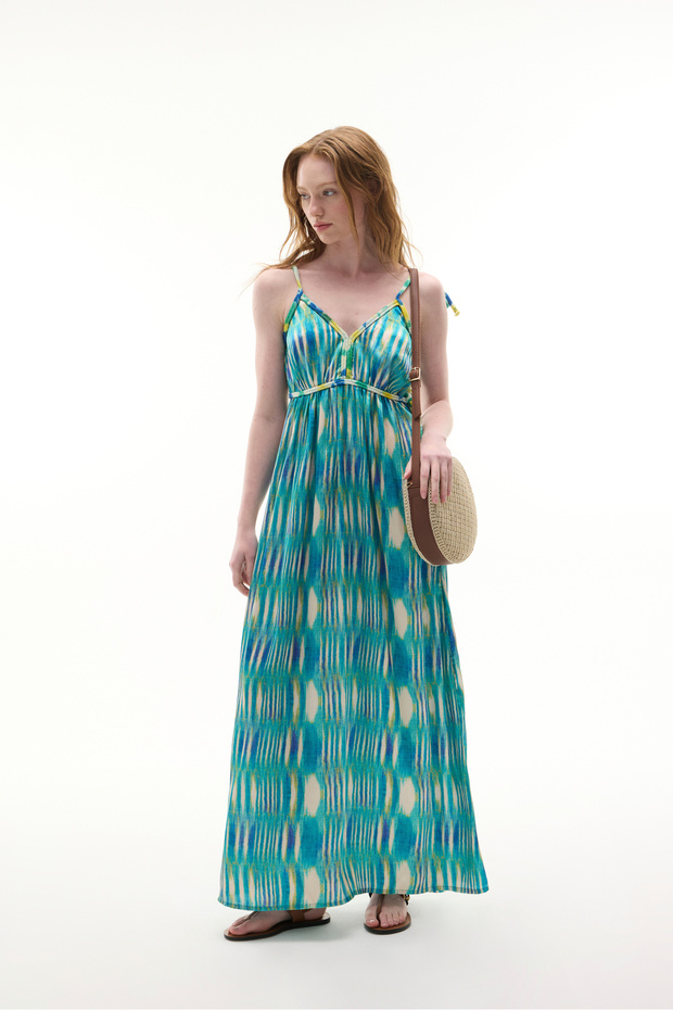 Women's Green Printed A-Form Strapless Backless Long Dress