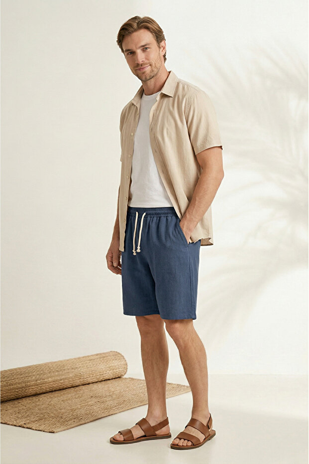 Men's Navy Blue 100% Cotton Linen Muslin Shorts Comfortable Fit Summer Breathable Fabric Back Pocketed Casual