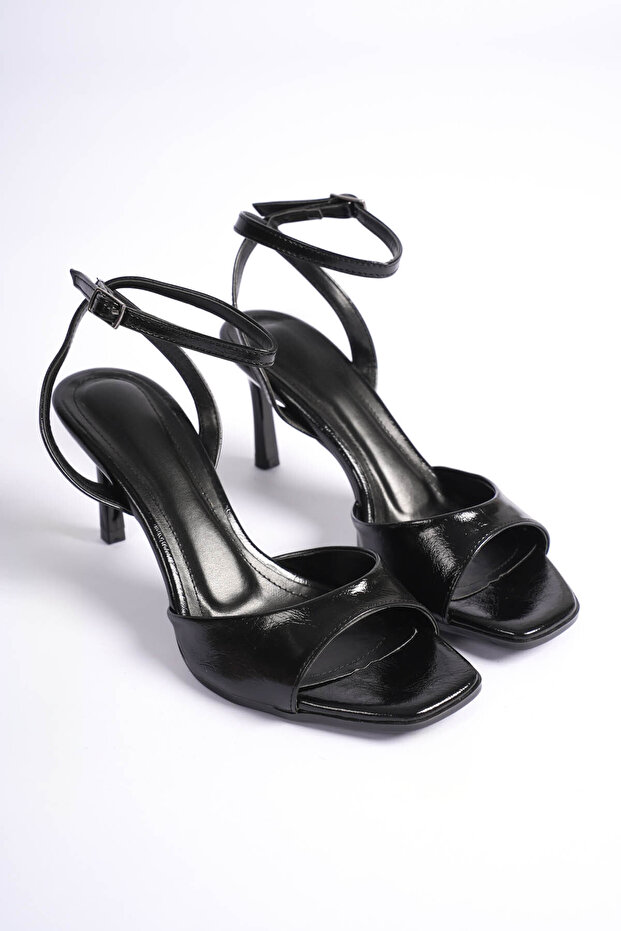 Milano Women's Black Blunt Toe Single Strap Open Toe Heeled Shoes