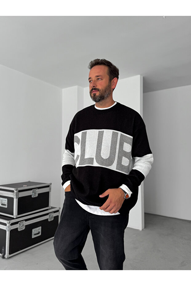 Siyah Club Nakışlı Triko Sweatshirt PM-03 - 1