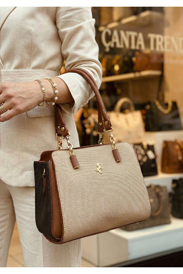 Mink 5-Compartment Women's Bag with Chain Hand Strap and Detailed Shoulder Strap