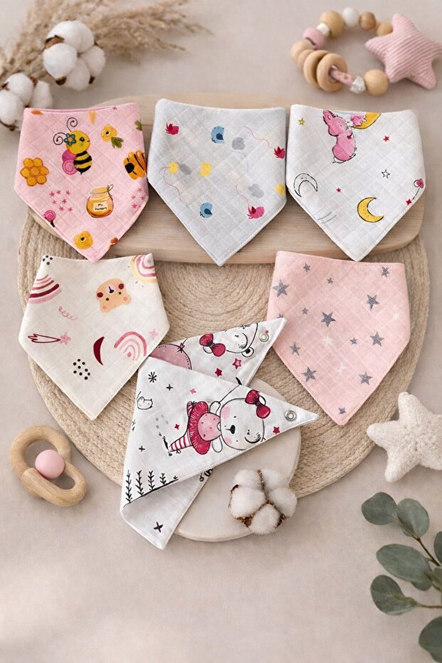 100% Cotton Muslin Fabric / with Snap Fasteners / Patterned / Baby Drool Bib & Scarf (6 Pieces)