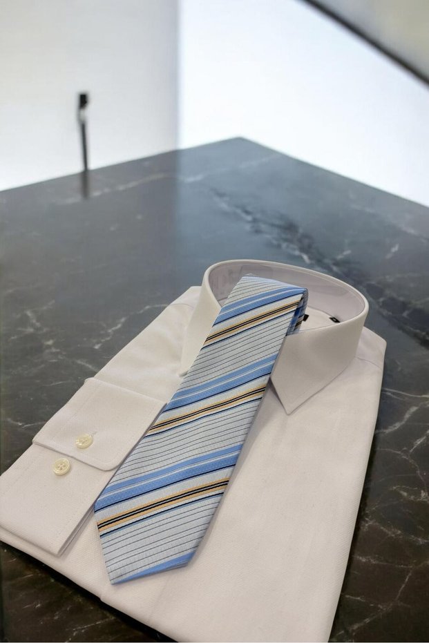 Microfibre 8 cm Striped White-Navy Blue Tie Kr-75