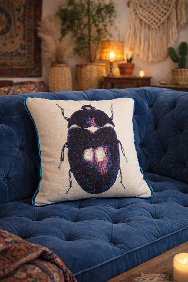 Blue Insect Themed Velvet Cushion Cover