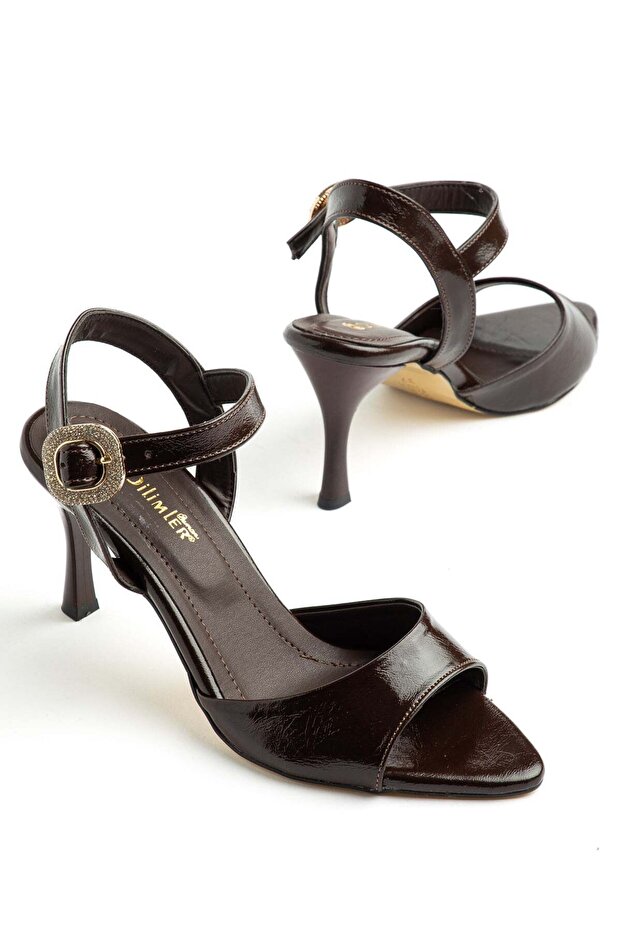 Women's Stiletto Heel U S Sandals Brown Shiny Leather Stone Buckle Thick Single Strap