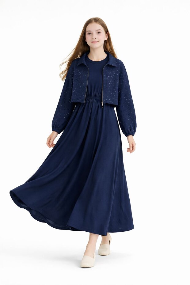 Navy Blue Zippered Stone-Embellished Cropped Jacket Girls' Sleeveless Dress 23751