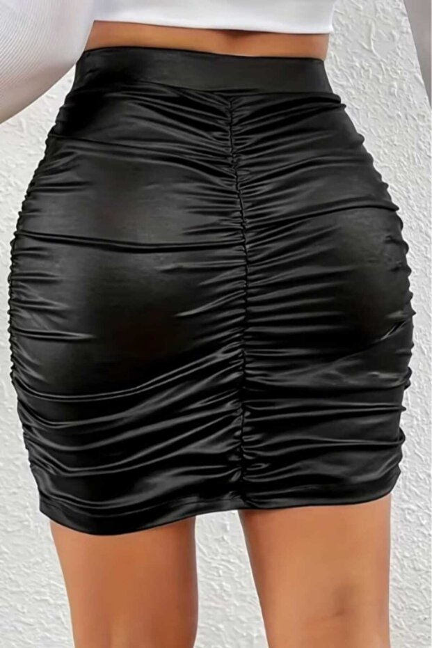 Women's Pu Leather Ruched Mini Short Skirt
