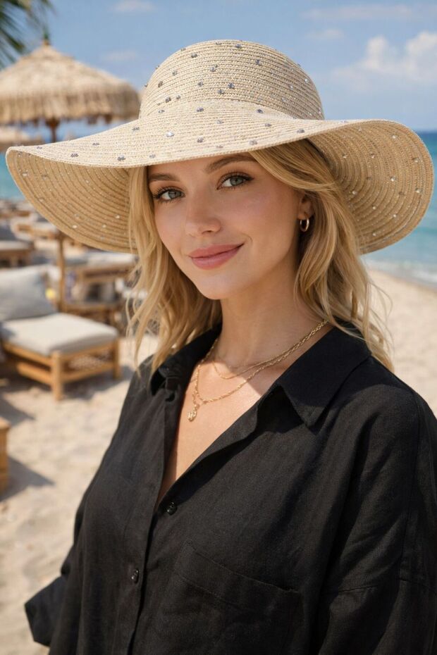 Beige Stone Embellished Wide Round Straw Women's Hat