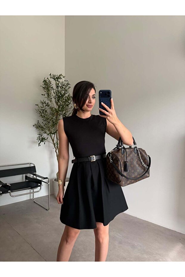 Black Padded Shoulders Zero Sleeve Dress, Pack of Belt