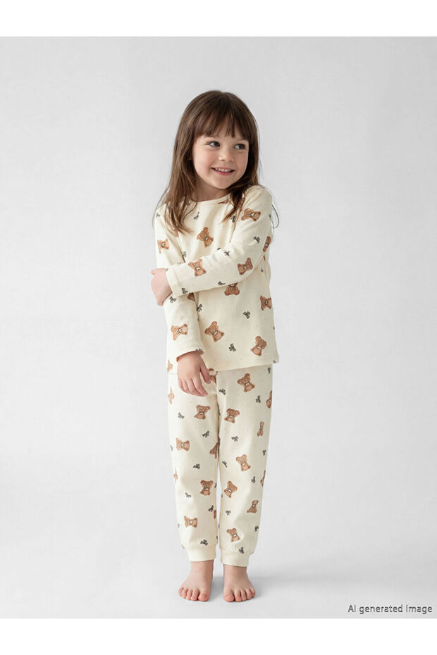 Ecru Crew Neck Printed Girls' Pajama Set
