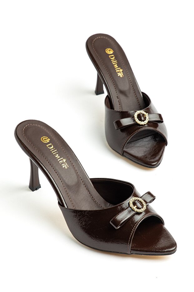 Women's Stiletto Heel U t Slipper Brown Shiny Leather Bow Tie