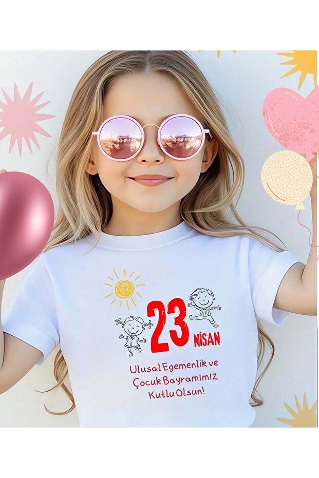 23 April Day Special Design Children's T-Shirt - (Special for Kindergarten Children) Crew Neck White T-Shirt