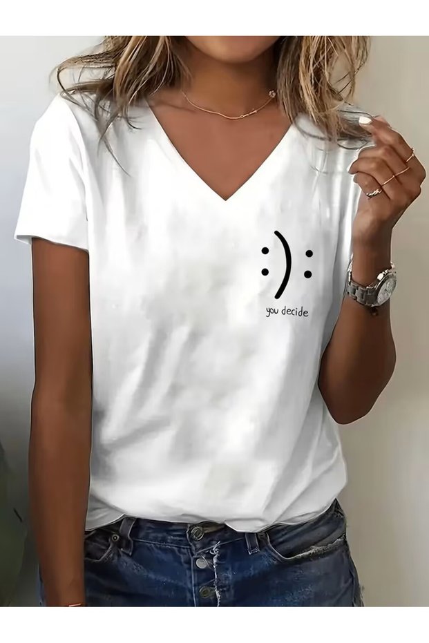 Printed T-Shirt. Short Sleeve V Neck Summer & Spring Casual Top, Women's Clothing
