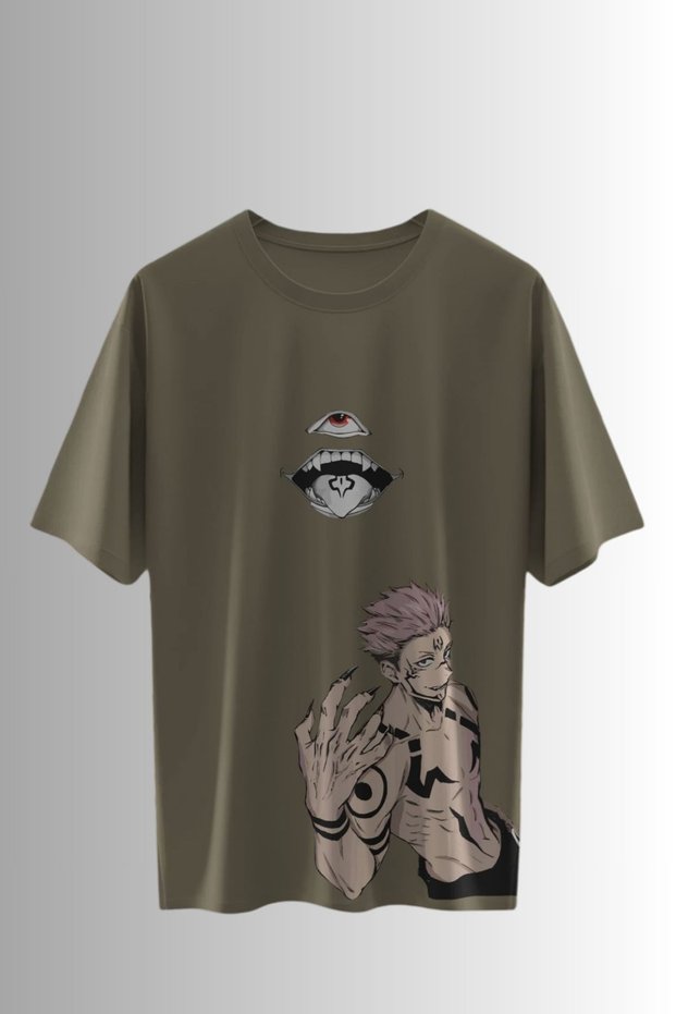 Jujutsu Kaisen Ryomen Sukuna Anime Unisex Oversize 24/1 Cotton T-Shirt - Special Collar Print