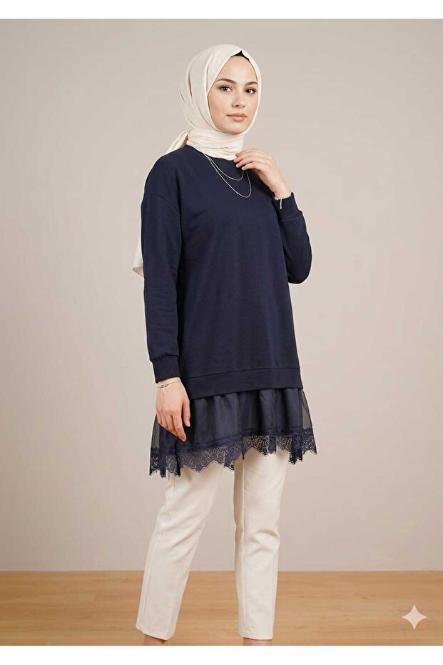 Women's Skirt with Asymmetrical Cut Lace Detailed Tunic 10766