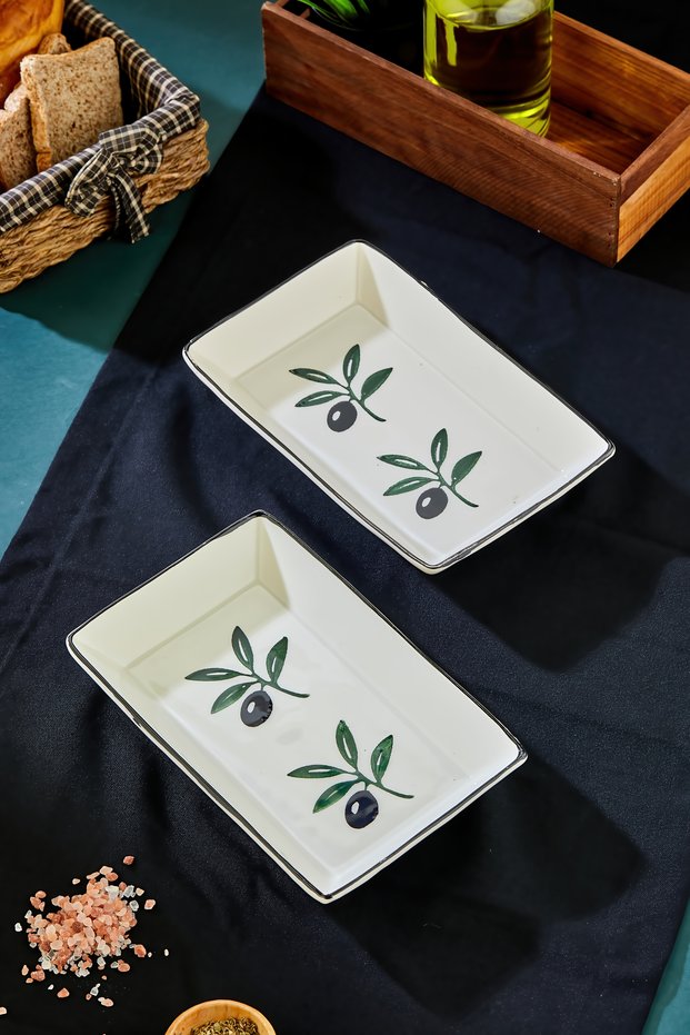 Ceramic Rectangular Presentation Plate with Olive Figure - Cheese and Olive Serving Plate - Set of 2