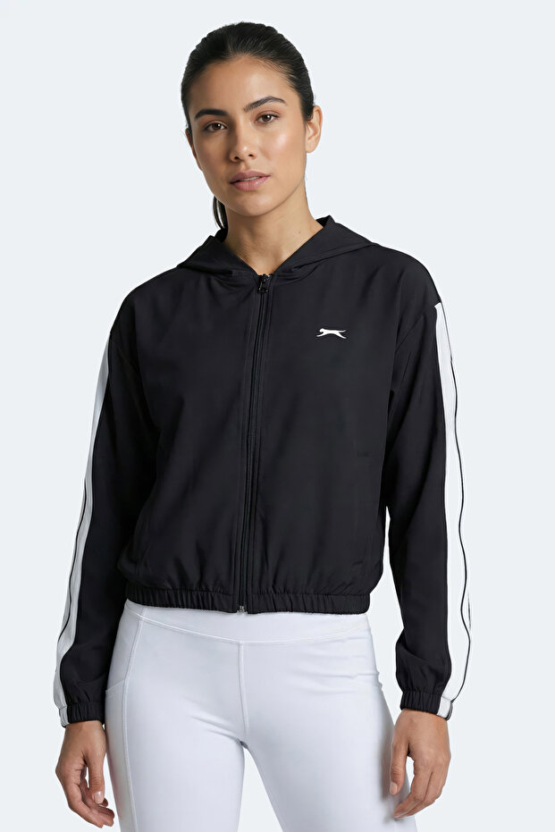 Razzle Women's Zippered Hooded Pocketed Black Sweatshirt