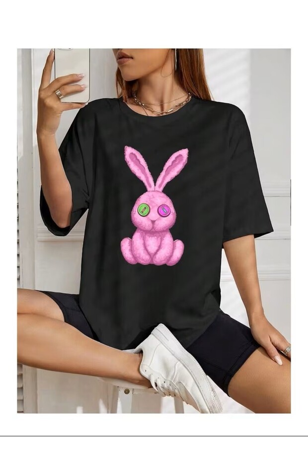 Women / Girls Pink Rabbit Printed Oversize T-Shirt Casual Boyfirend