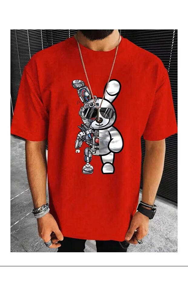 Men's Red Oversized Robotic Rabbit Printed Short Sleeve T-Shirt