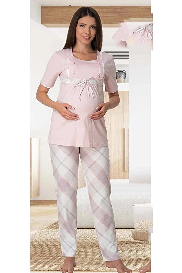 Dvina Maternity Short Sleeve and Striped Pajama Set with Bow - Pink