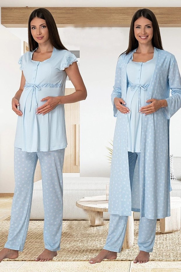 Dvina Maternity Patterned Pajama Set with Dressing Gown and Short Sleeves - Set of 3 - Blue