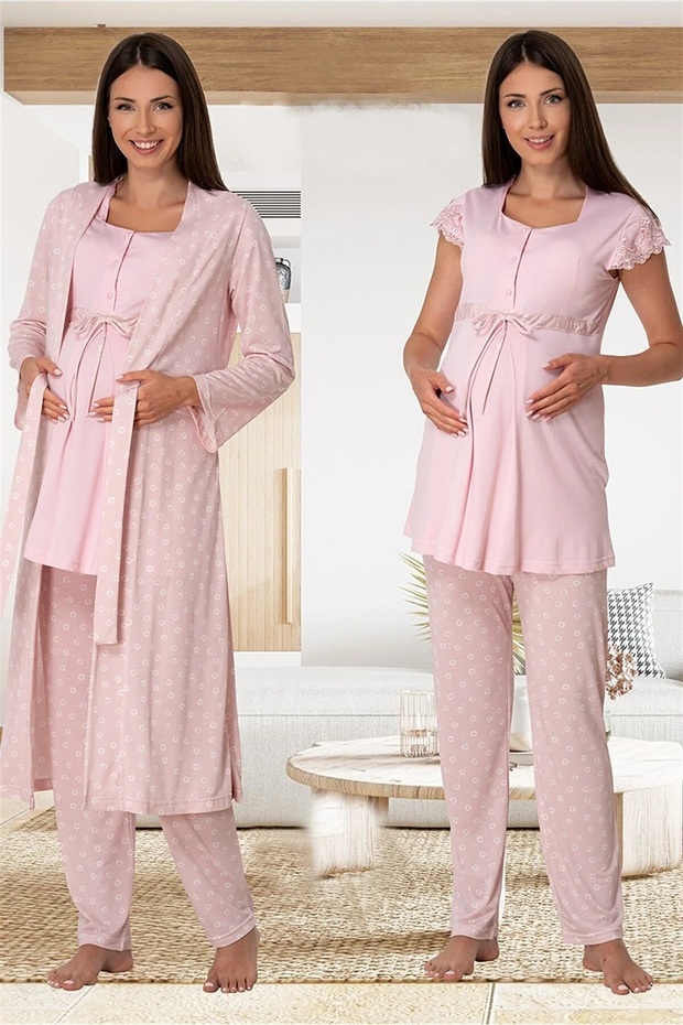 Dvina Maternity Patterned Pajama Set with Dressing Gown and Short Sleeves - Set of 3 - Pink