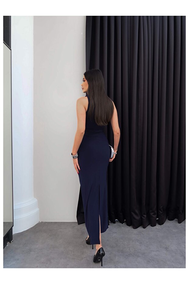 Drapeli Yırtmaçlı Midi Elbise - 5