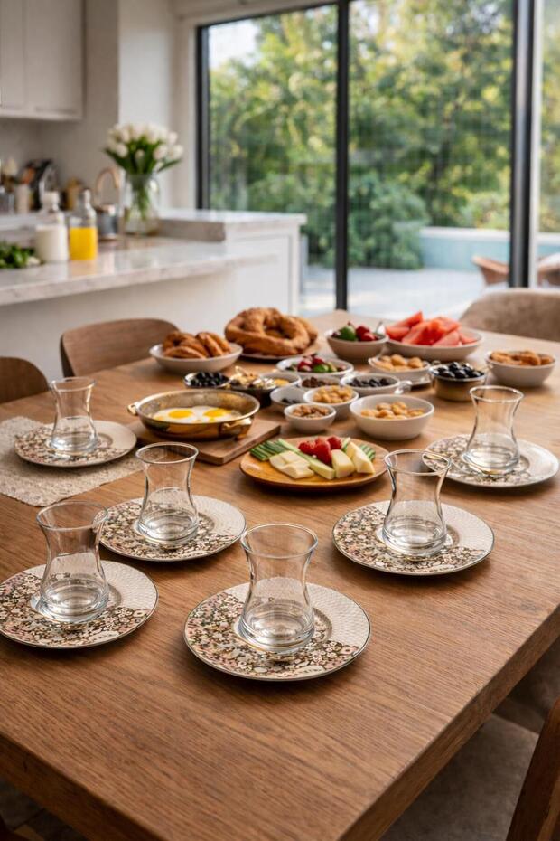 6-Person Tea Set, 12-Piece, Patterned Tea Cups, Saucers, Stylish Breakfast Presentation