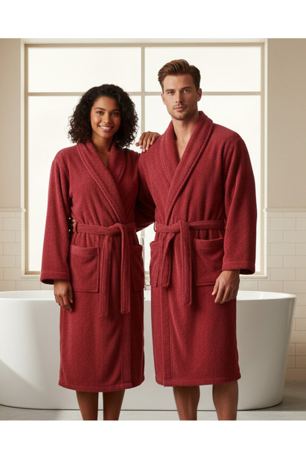 Unisex Burgundy Essence Kimono Bathrobe With Ribbed Border (Large)