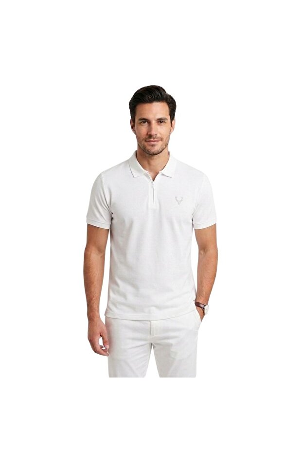 Half Zipper Polo Collar Men's T-Shirt Modal White