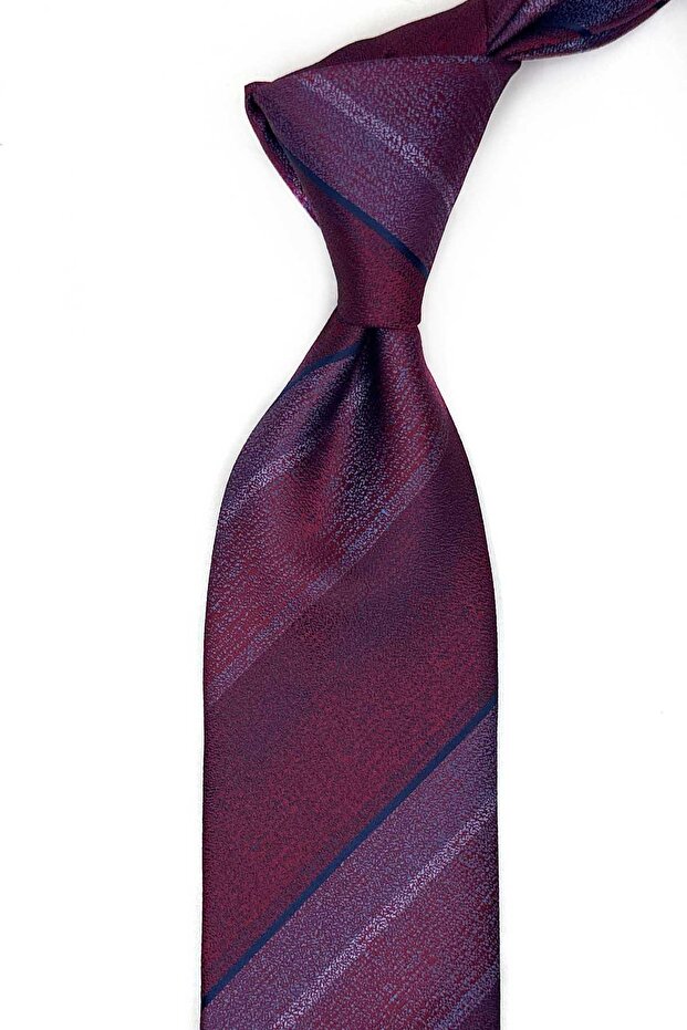 Burgundy - Classic Tie with Blue Line Pattern and Handkerchief Kk13668