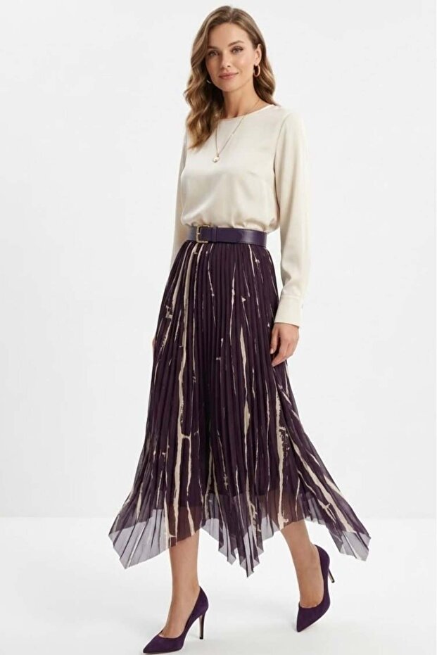 Women's Pleated Belt Pack Lined Plum Mink Skirt