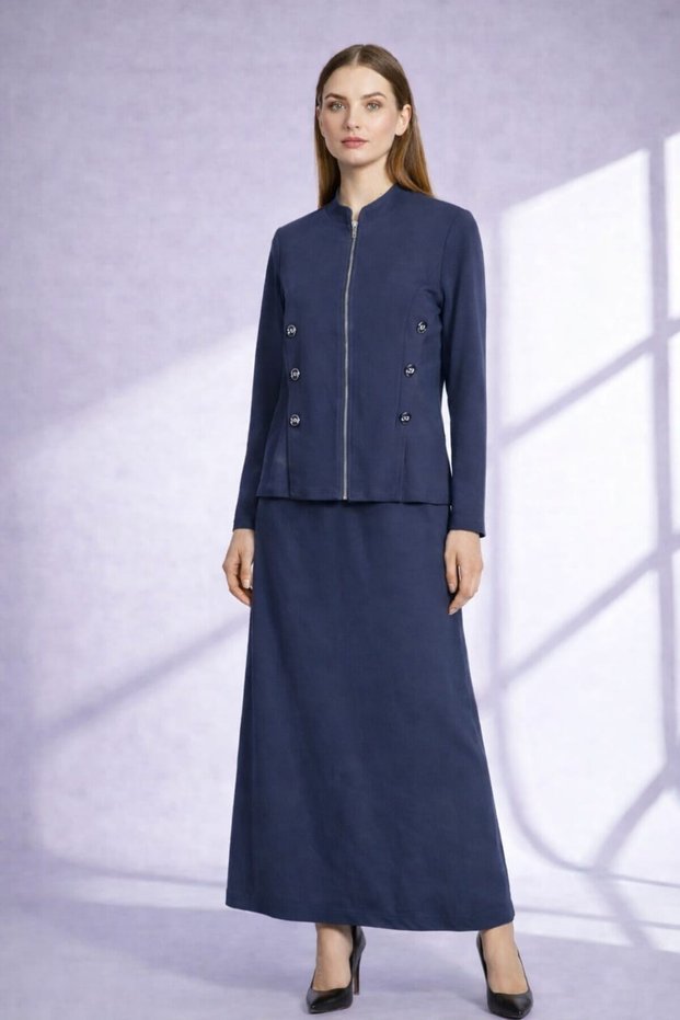 26452 Button Detailed Front Zipper Jacket Skirt Set