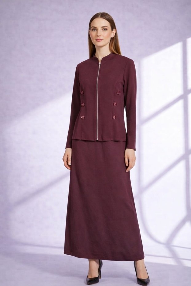 26452 Button Detailed Front Zipper Jacket Skirt Set