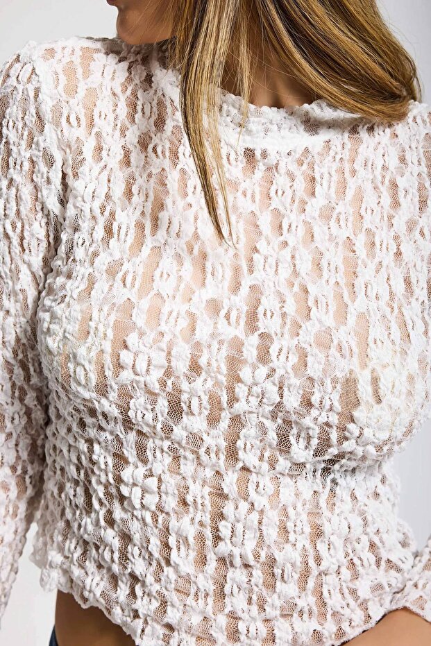 Kadın Ekru Transparan Crop Bluz - 2