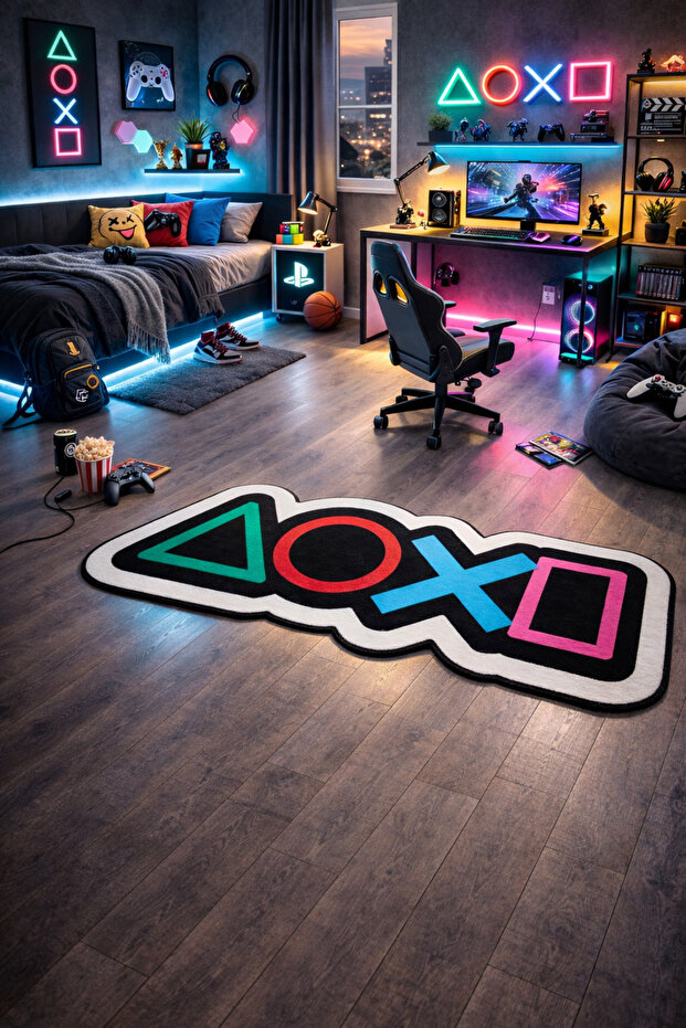 Non-Slip Sole Playstation Xbox Themed Machine with Washable Gamer Youth Rooms Rug 80X203